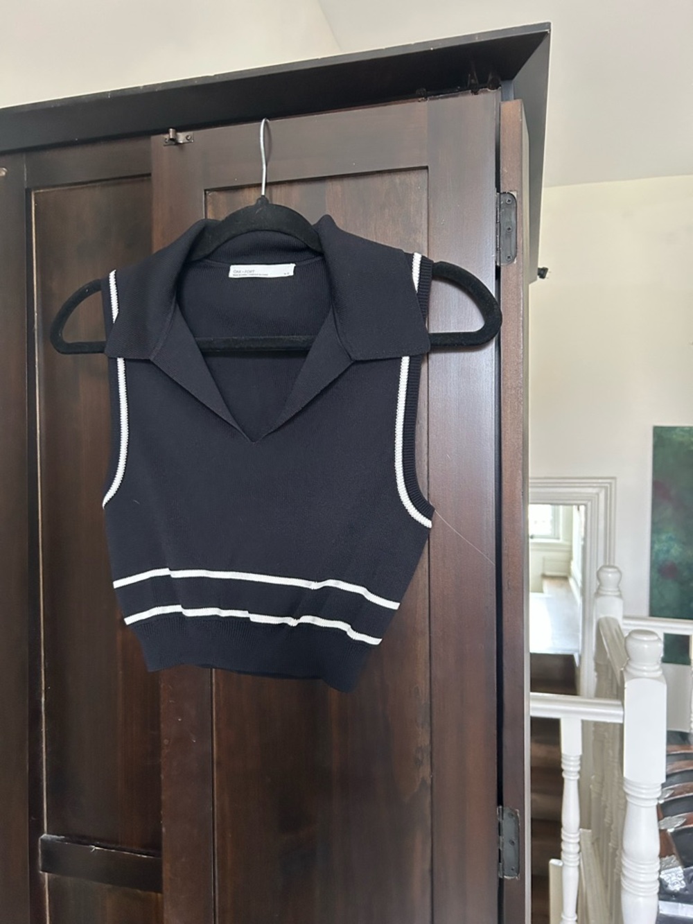 OAK + FORT Black Sleeveless Polo Crop Top with White Trim Accents - Picture 2 of 3